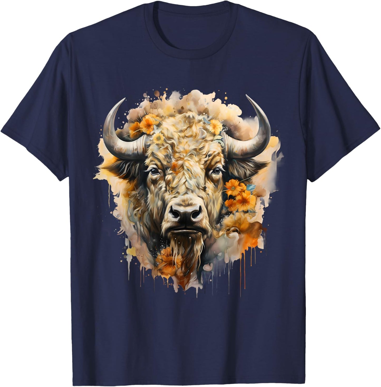 Buffalo Portrait Bison Animal Art Wildlife Savanna Splash T-Shirt - T-Shirt | Navy