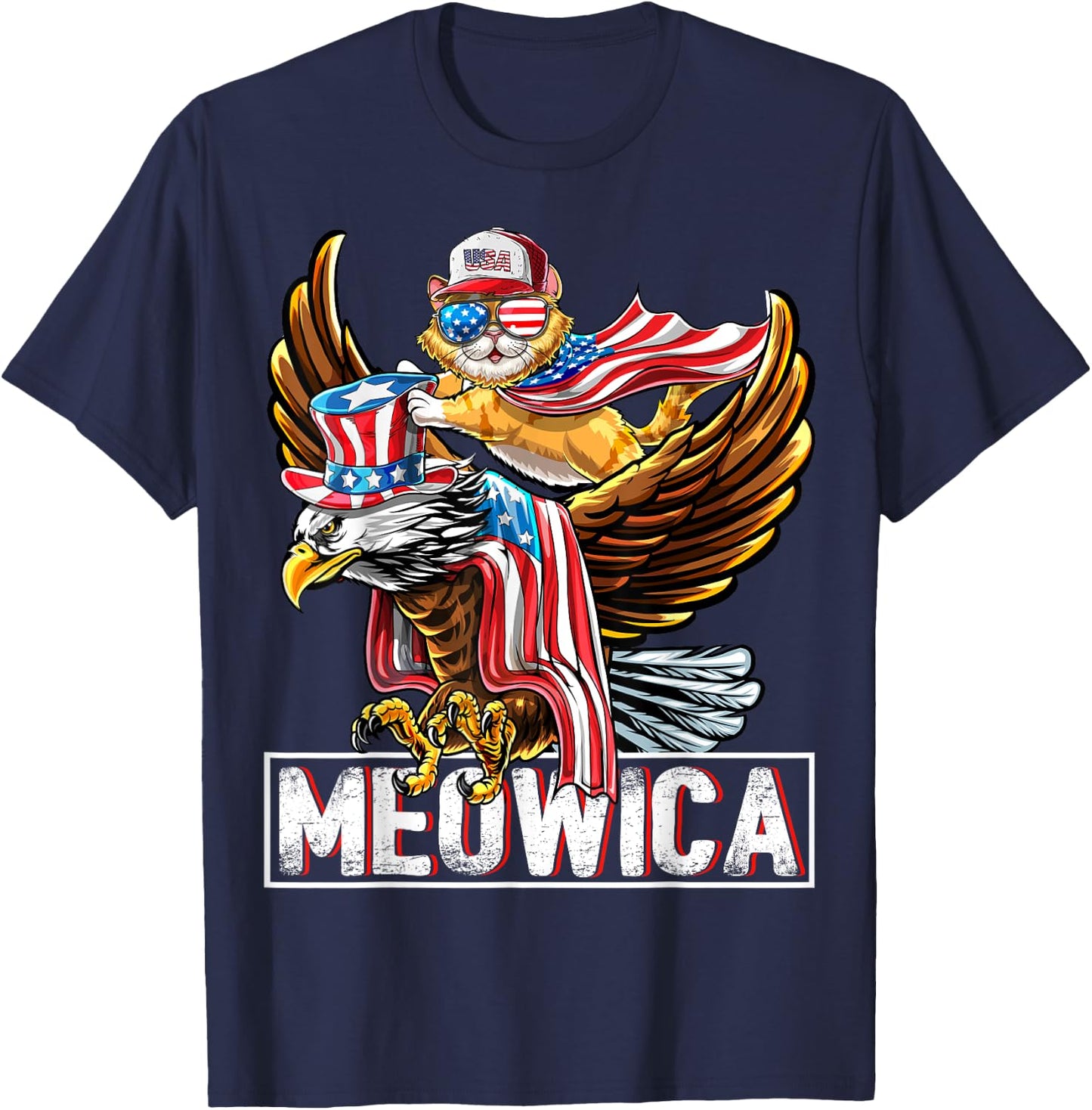 Meowica Cat Bald Eagle 4th of July Patriotic American Flag Women Kids Men T-Shirt - T-Shirt | Navy
