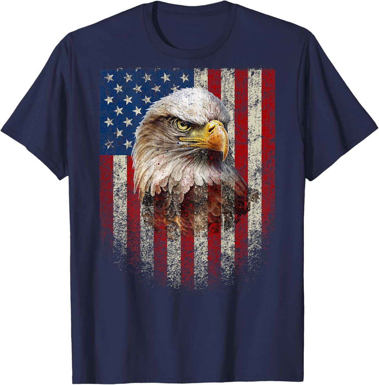 (Art on Back) Patriotic US Flag with American Eagle T-Shirt - T-Shirt | Navy