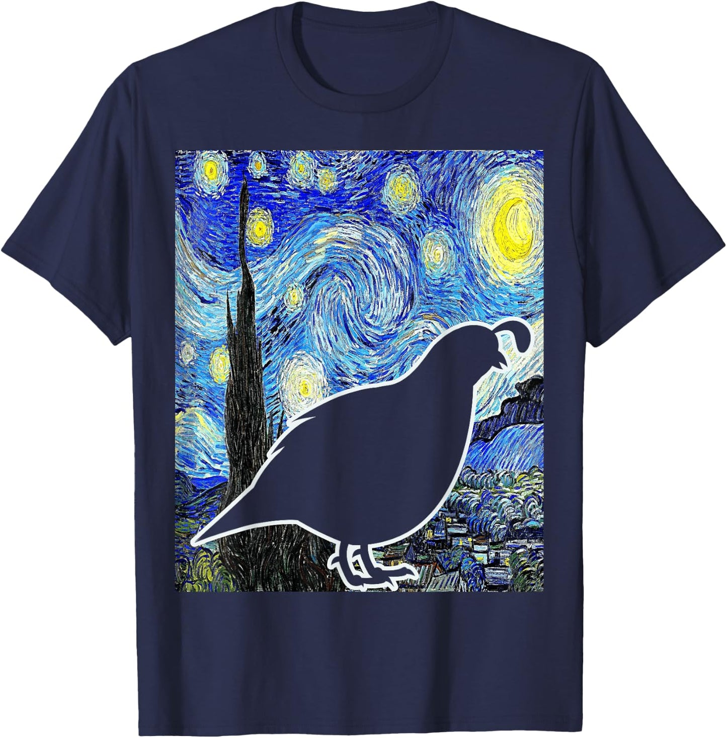 Quail Starry Night Quail Van Gogh Birdwatching Ornithology T-Shirt - T-Shirt | Navy