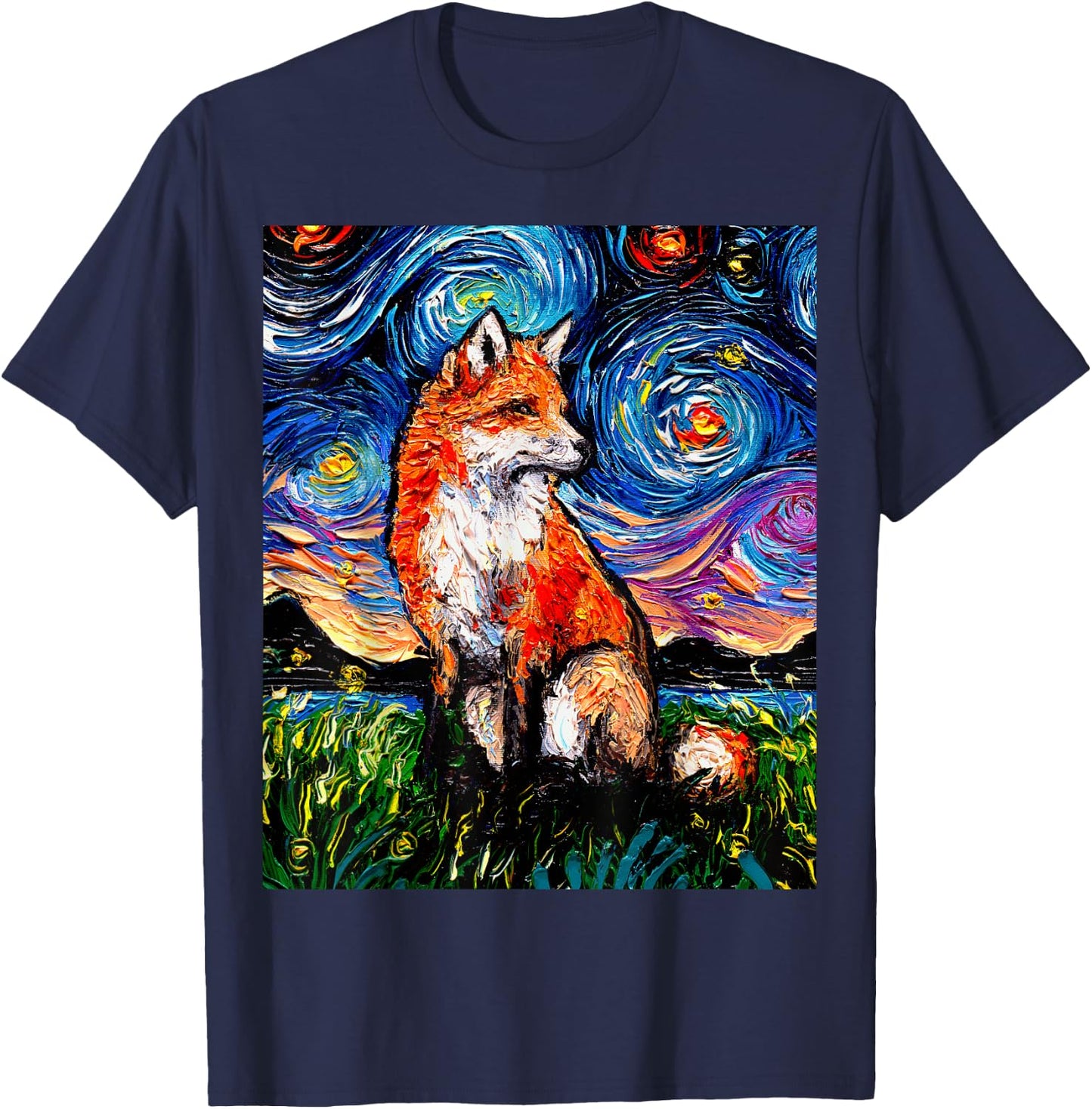 Red Fox Starry Night Animal Art by Aja T-Shirt - T-Shirt | Navy
