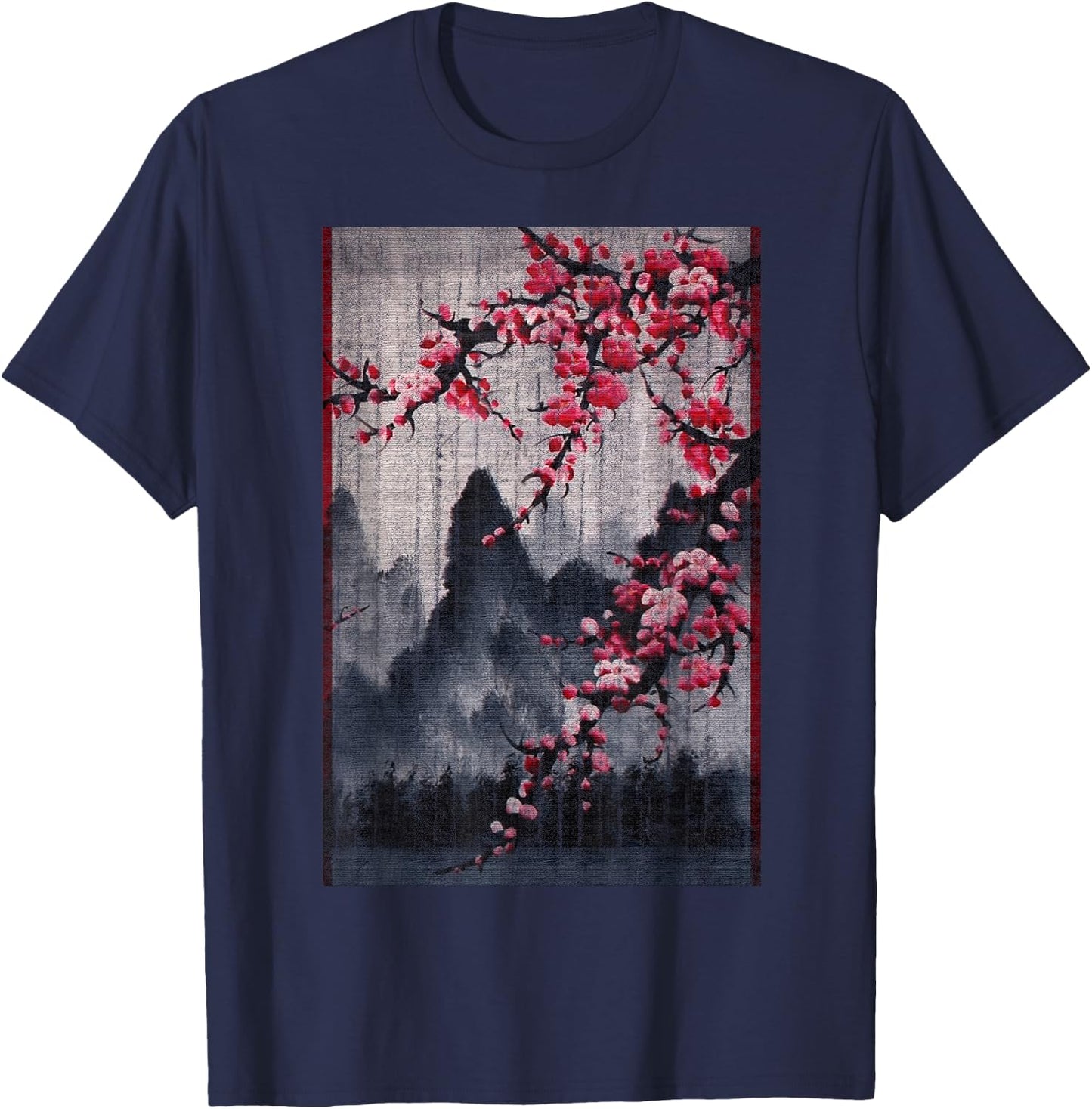 Vintage Cherry Blossom Woodblock Japanese Graphical Art T-Shirt - T-Shirt | Navy