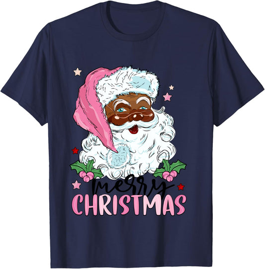Merry Christmas Santa Claus Black Afro African American Xmas T-Shirt - T-Shirt | Navy