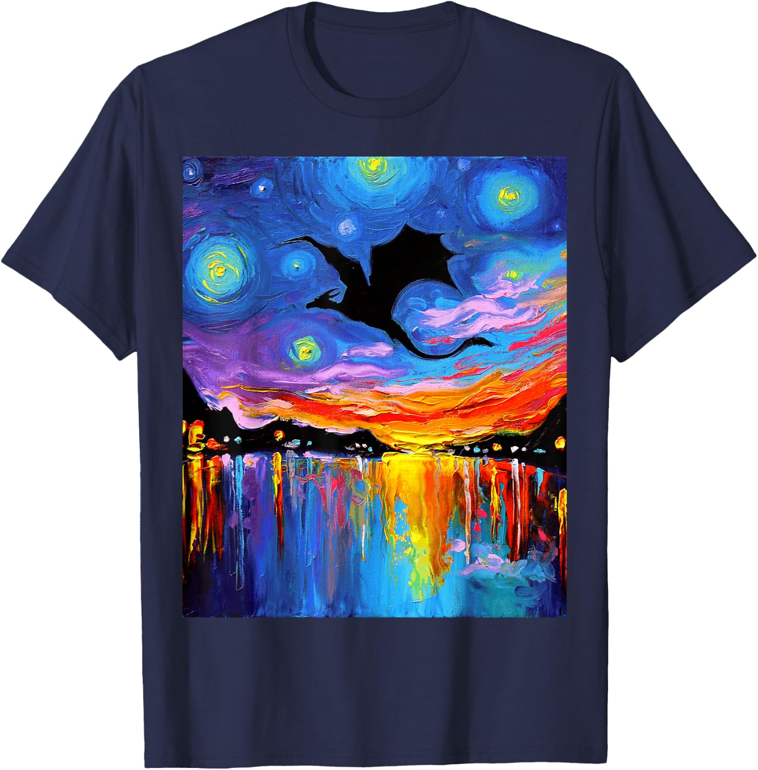 Flying Dragon Silhouette Sunset Starry Night Fantasy Art T-Shirt - T-Shirt | Navy