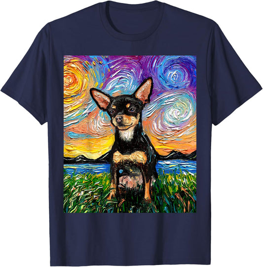 Black and Tan Smooth Chihuahua Starry Night Dog Artwork T-Shirt - T-Shirt | Navy