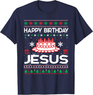 Happy Birthday Jesus Ugly Sweater Christmas Funny T-Shirt - T-Shirt | Navy