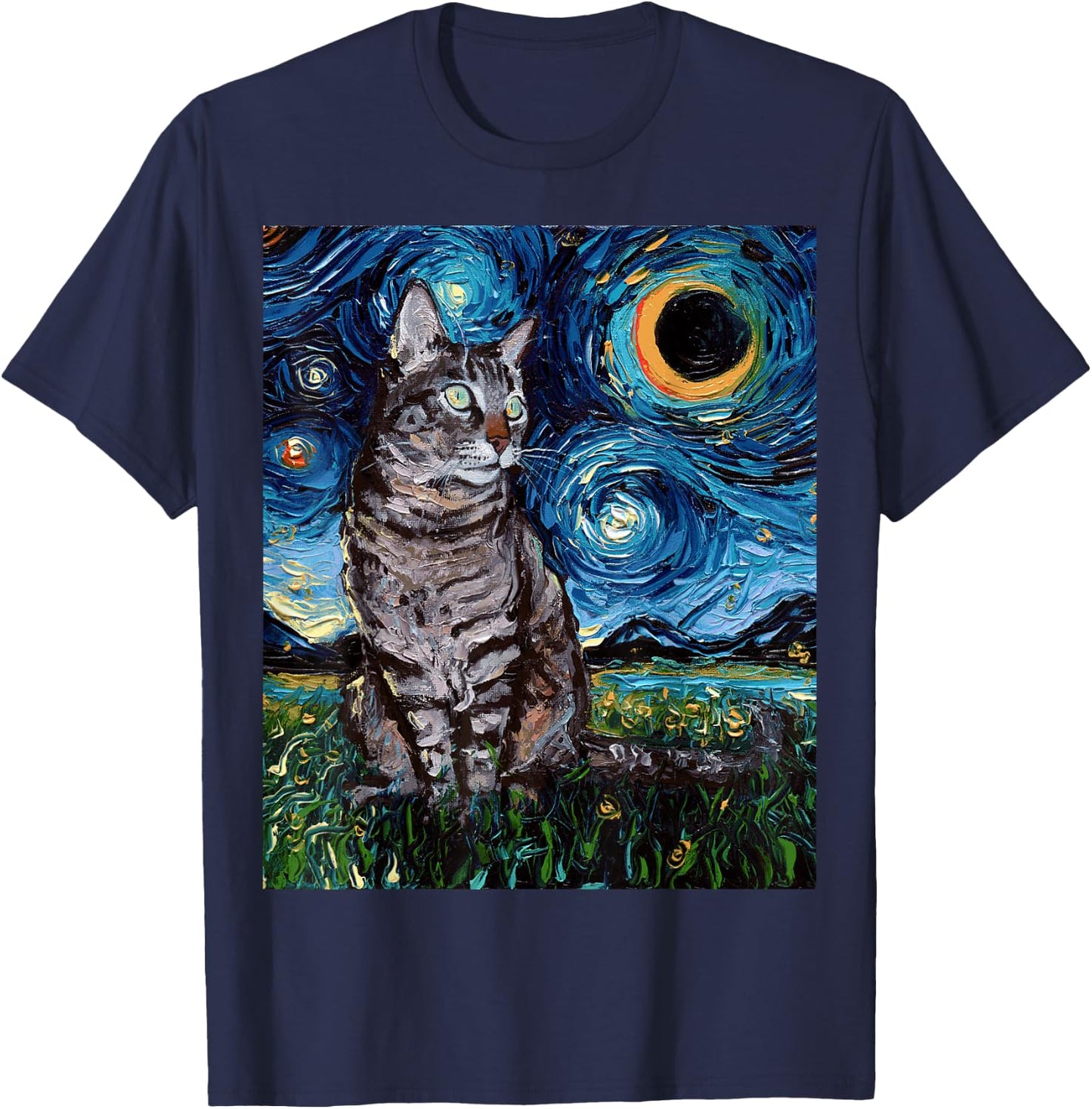 Gray Tabby Tiger Cat Starry Night Moon and Stars Art by Aja T-Shirt - T-Shirt | Navy