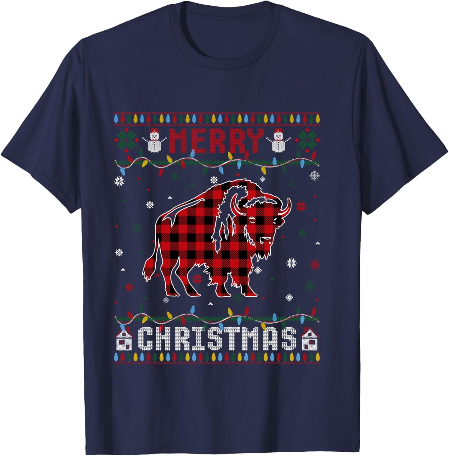 Funny Xmas Lighting Bison Lovers Ugly Christmas Sweater T-Shirt - T-Shirt | Navy