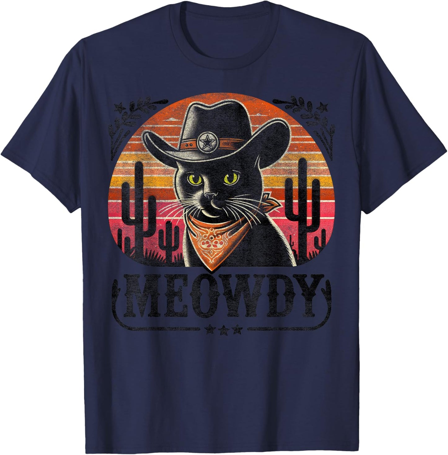 Meowdy Black Cat Retro Sunset – Howdy Funny Country Western T-Shirt - T-Shirt | Navy