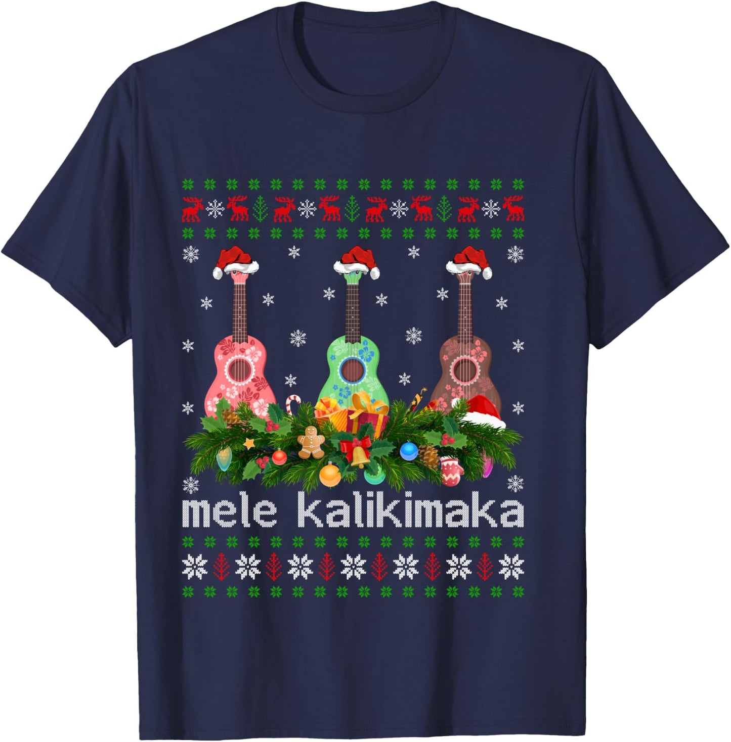 Mele Kalikimaka Ukulele Guitar Gift Ugly Ukulele Christmas T-Shirt - T-Shirt | Navy