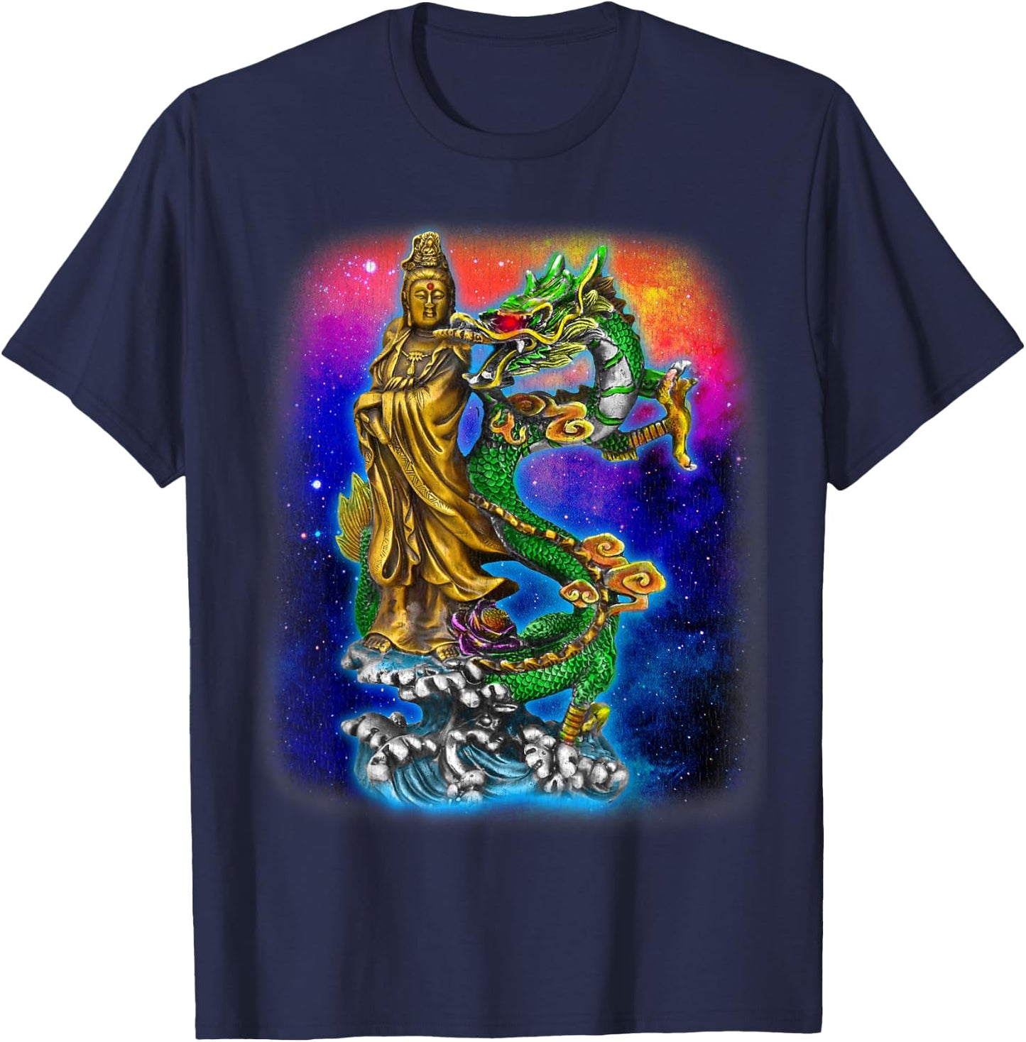 Guan Yin Guanyin Chinese Buddha Goddess Dragon T-Shirt - T-Shirt | Navy