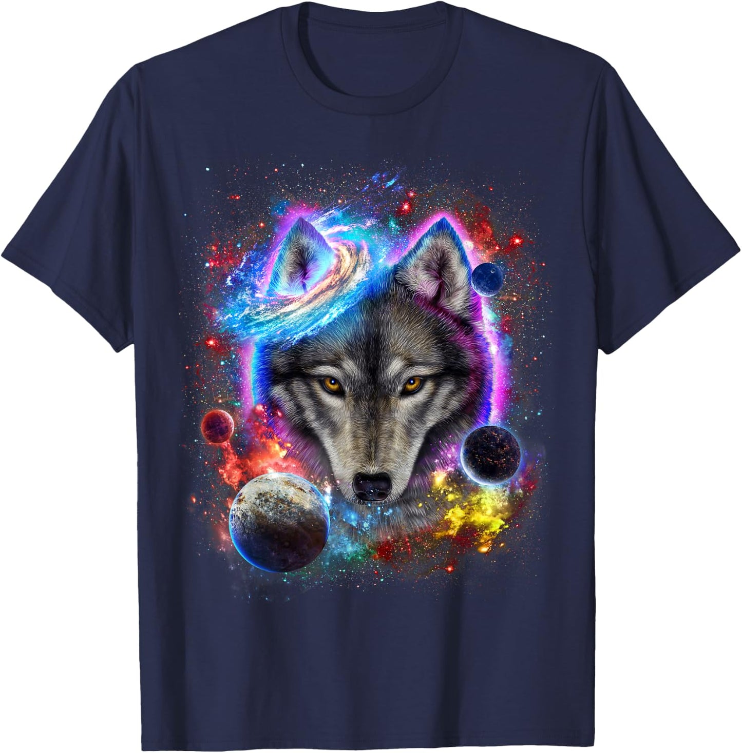 Cosmic Wolf Surrounded by Planet and Stars in Galactic Scene T-Shirt - T-Shirt | Navy