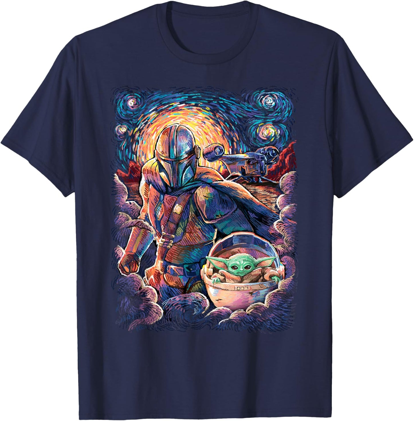 Star Wars The Mandalorian & The Child Starry Night Style T-Shirt - T-Shirt | Navy