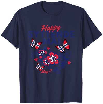 Happy Syttende Mai 17 May Norway Rosemaling Butterflies Flag T-Shirt - T-Shirt | Navy