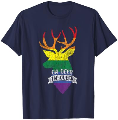 Vintage Rainbow Oh Deer I'm Queer Pride Lesbian Gay LGBTQ T-Shirt - T-Shirt | Navy