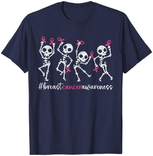 Pink Ribbon Breast Cancer Awareness Skeleton Women Men Kids T-Shirt - T-Shirt | Navy