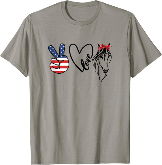 Cowgirls Shirts Americana Peace Love Horses 4th of July T-Shirt - T-Shirt | Sand