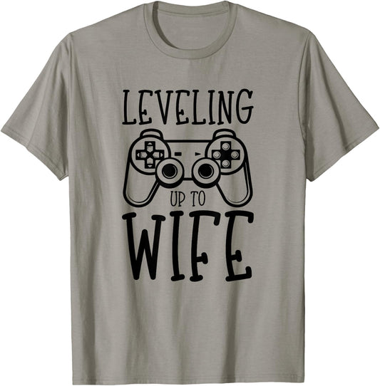 Video Game Engagement Leveling Up to Wife Funny Bride Gamer T-Shirt - T-Shirt | Sand