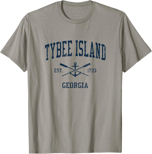 Tybee Island GA Vintage Navy Crossed Oars & Boat Anchor T-Shirt - T-Shirt | Sand