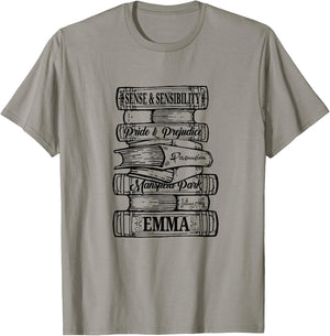Jane Austen Pride and Prejudice & Mr. Darcy Book Stack Fans T-Shirt - T-Shirt | Sand