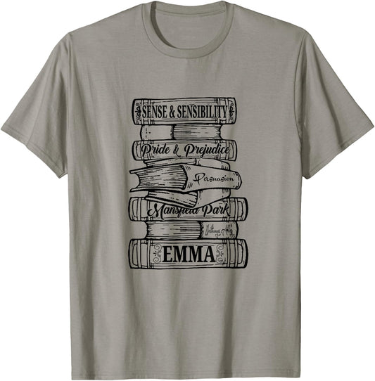 Jane Austen Pride and Prejudice & Mr. Darcy Book Stack Fans T-Shirt - T-Shirt | Sand