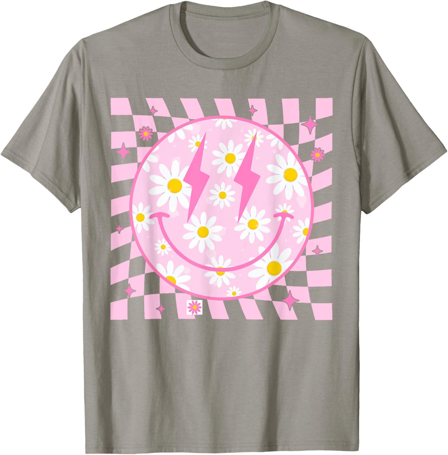 Retro Happy Smile Face Checkered Pattern Pink Daisy Flower T-Shirt - T-Shirt | Sand