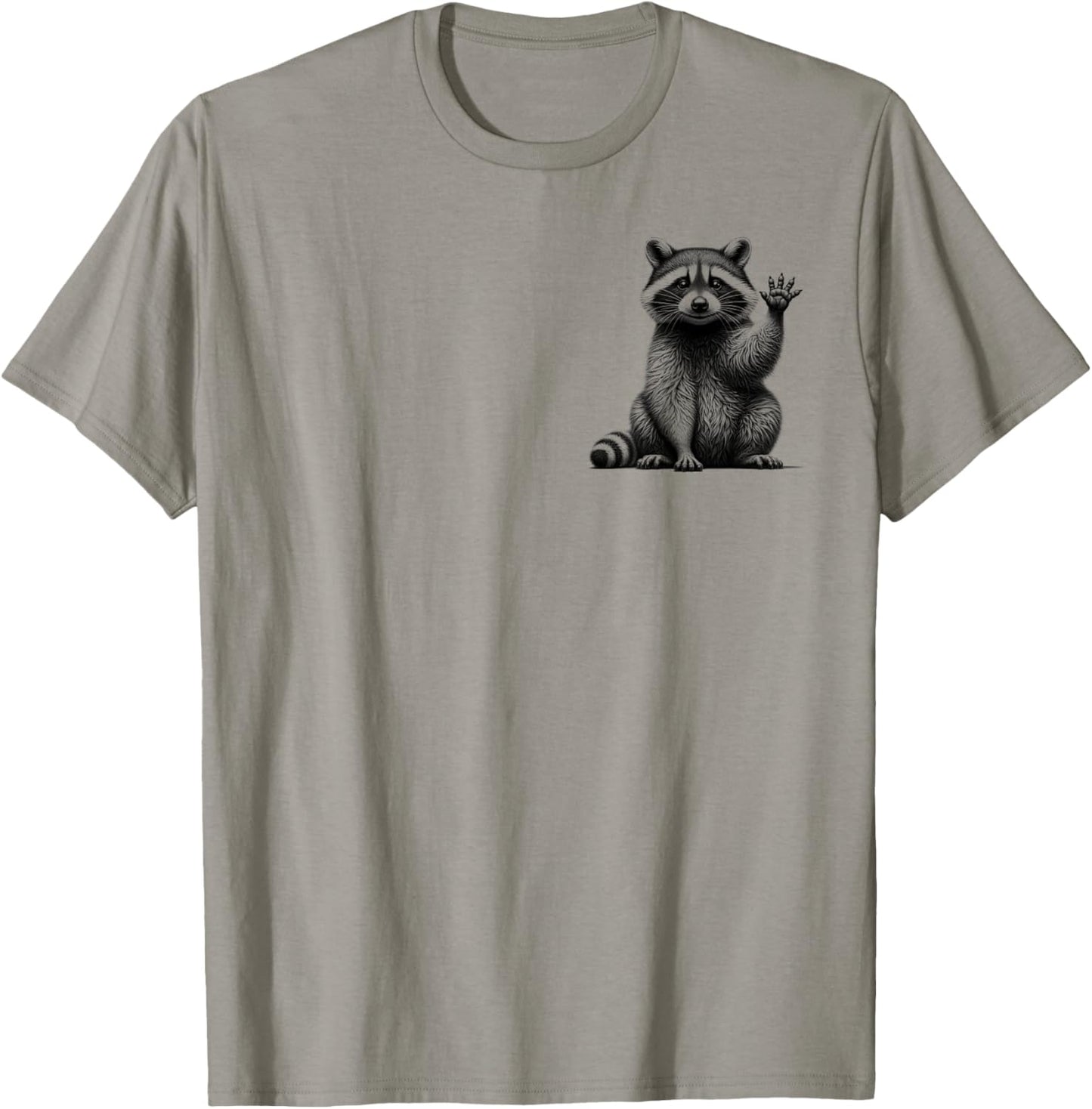 Cute Waving Raccoon in Drawing Style on Chest T-Shirt - T-Shirt | Sand