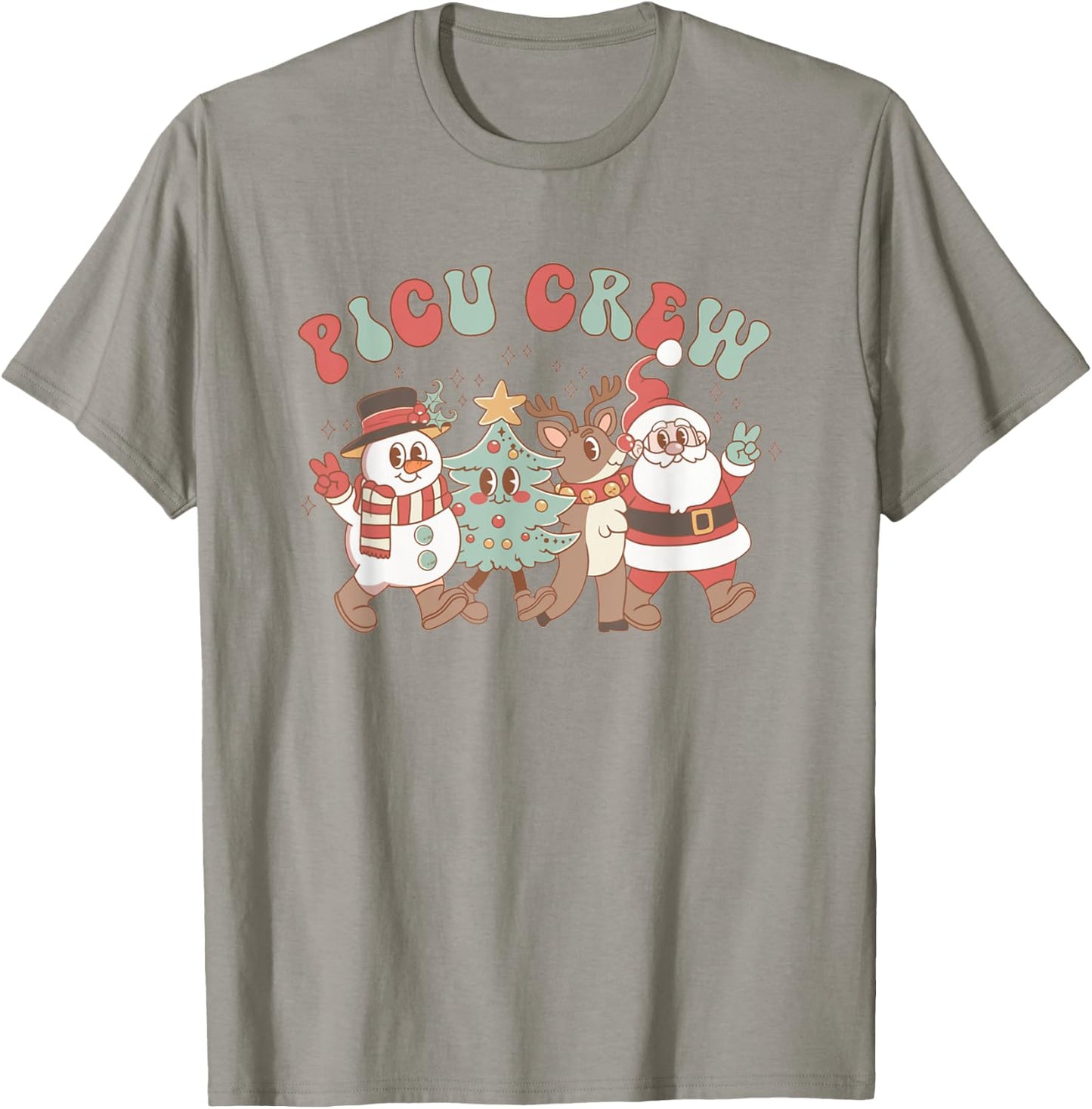 Retro Groovy PICU Nurse Christmas Tree Snowman Reindeer T-Shirt - T-Shirt | Sand