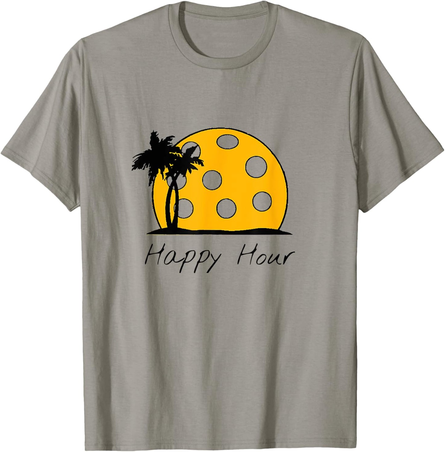 Fun Pickleball Shirts, HAPPY HOUR w/ huge Pickleball sunset T-Shirt - T-Shirt | Sand