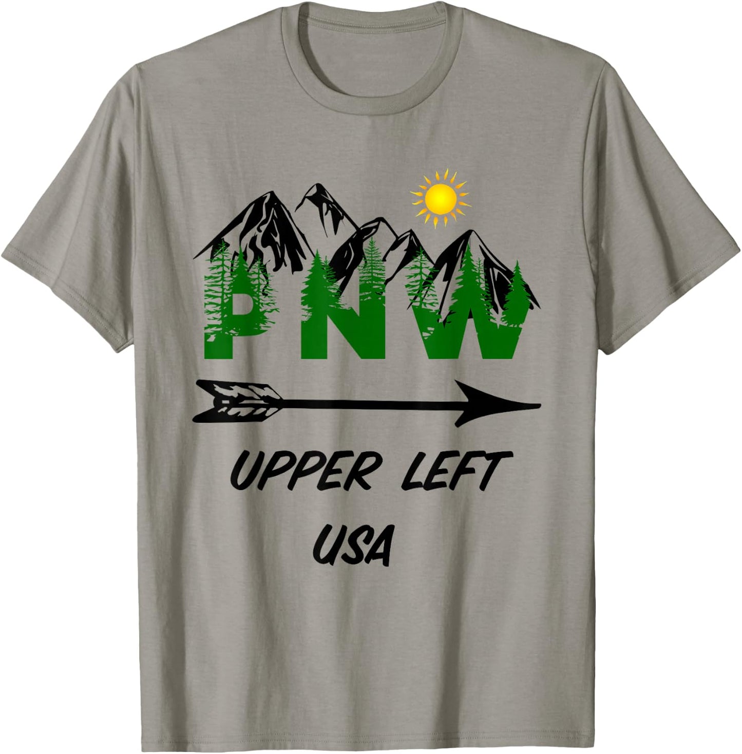Pacific Northwest PNW Pine Trees Mountains Upper Left USA T-Shirt - T-Shirt | Sand