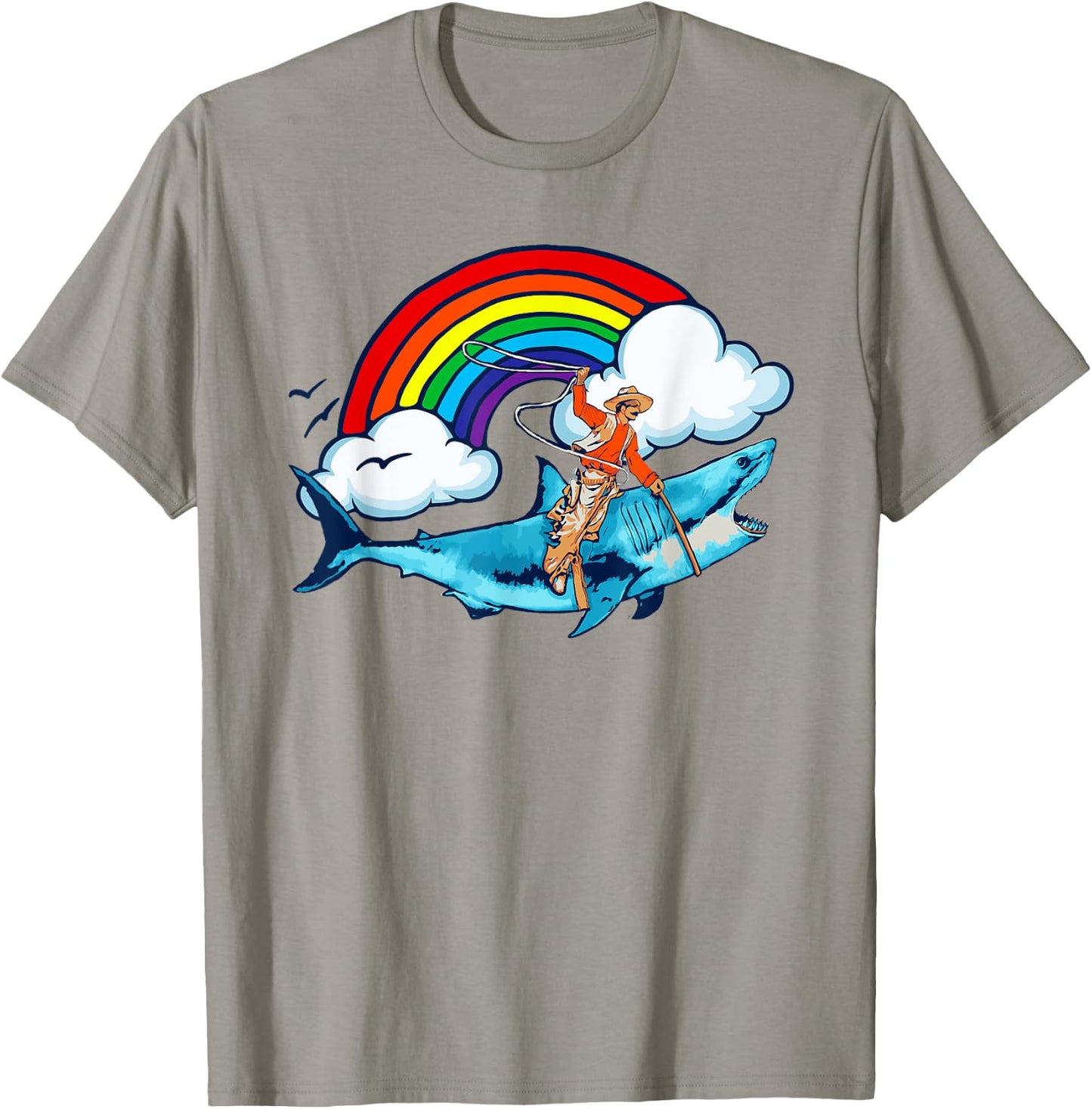 Shark Lover Rodeo Cowboy Riding Great White Rainbow Funny T-Shirt - T-Shirt | Sand