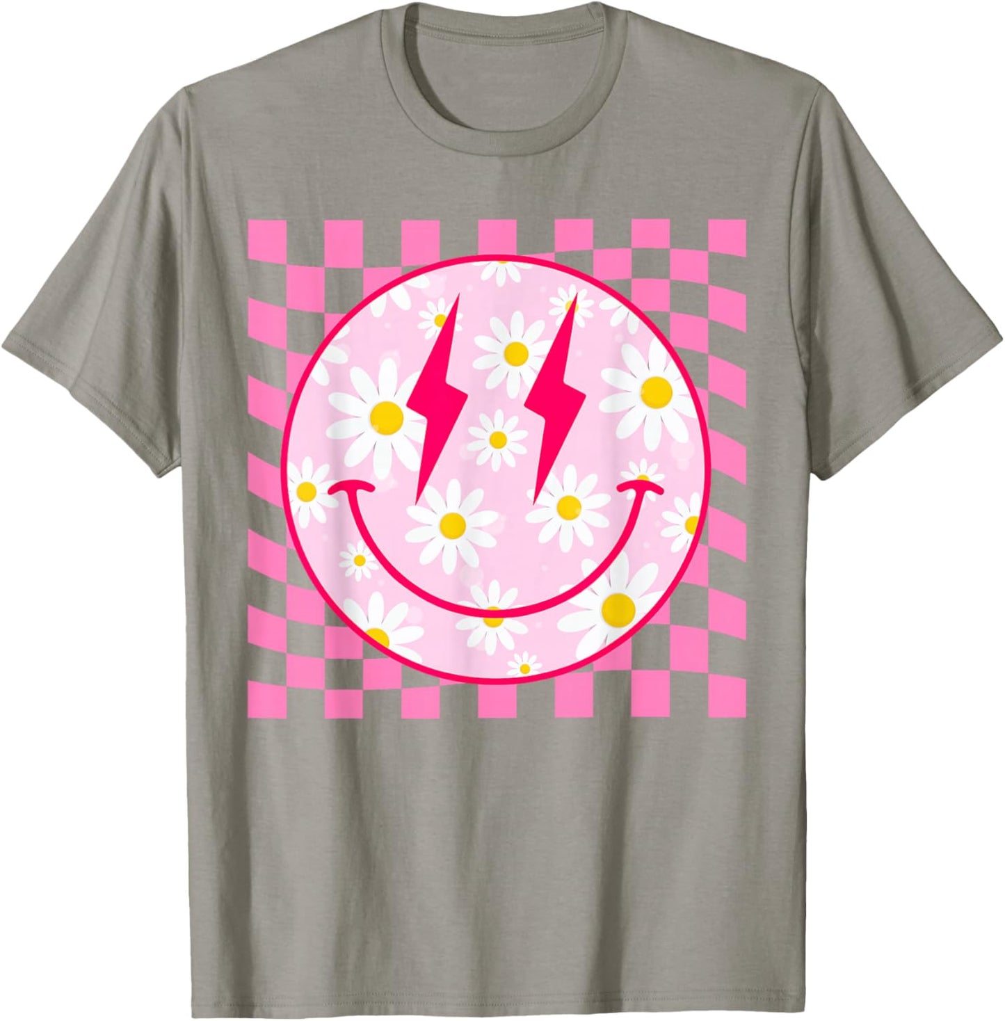 Retro Happy Smile Face Pink Daisy Flower Checkered Pattern T-Shirt - T-Shirt | Sand