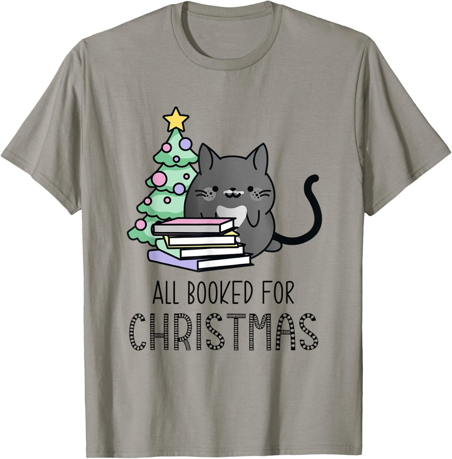 All Booked for Christmas Book Lovers Cat T-Shirt - T-Shirt | Sand