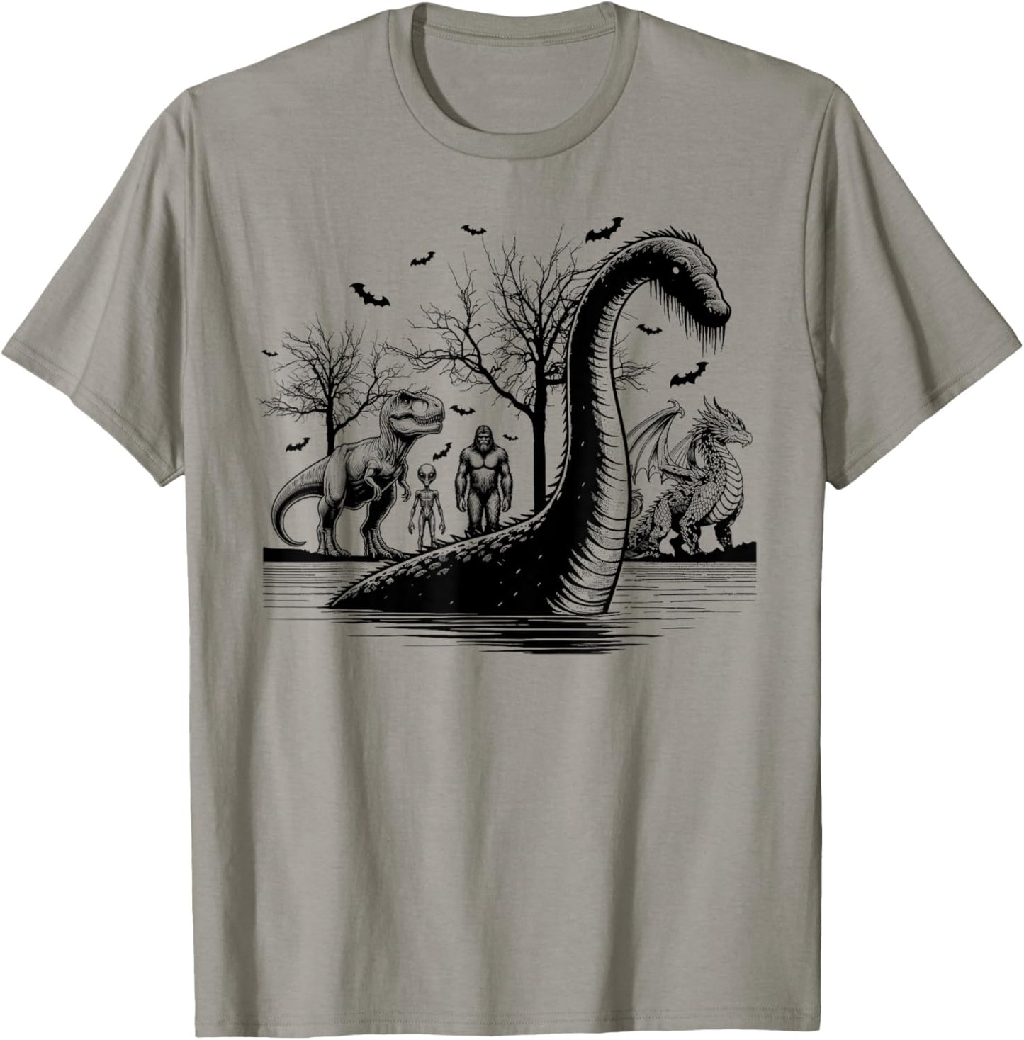 Halloween party bigfoot alien meet loch Ness dragon spooky T-Shirt - T-Shirt | Sand