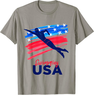 Swimming Support Team Flag USA Pool Swimmer American T-Shirt - T-Shirt | Sand