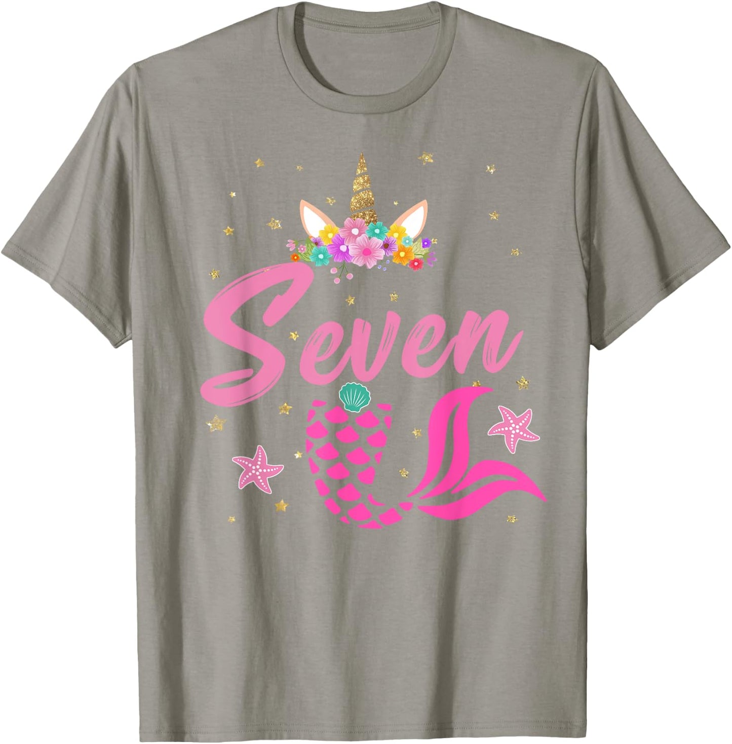 7th Birthday Girl Unicorn Shirt Mermaid Tail 7 Years Old T-Shirt - T-Shirt | Sand