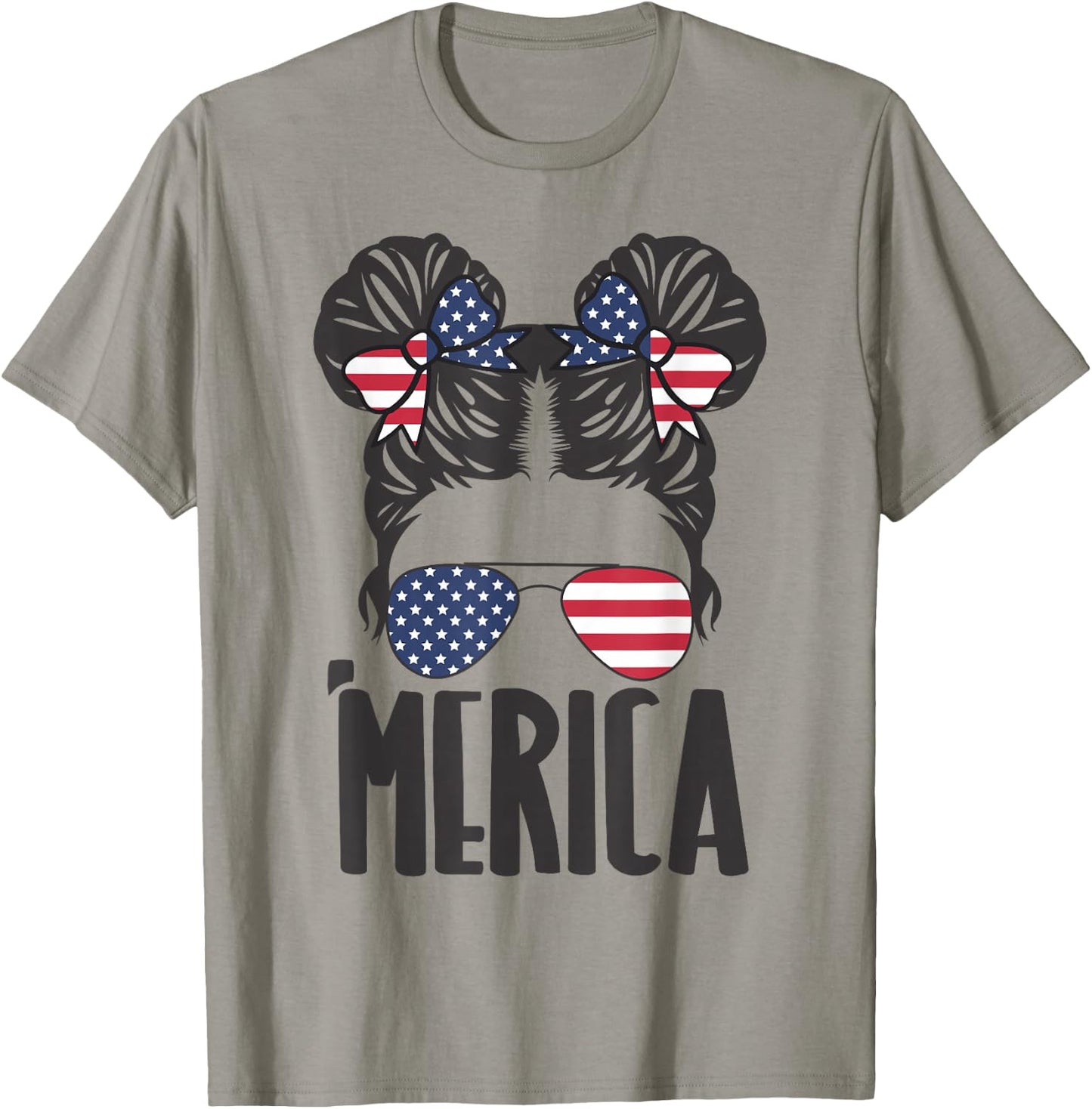 Messy Bun Merica Sunglasses Women Girls USA Flag 4th of July T-Shirt - T-Shirt | Sand