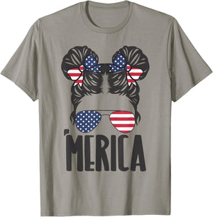 Messy Bun Merica Sunglasses Women Girls USA Flag 4th of July T-Shirt - T-Shirt | Sand