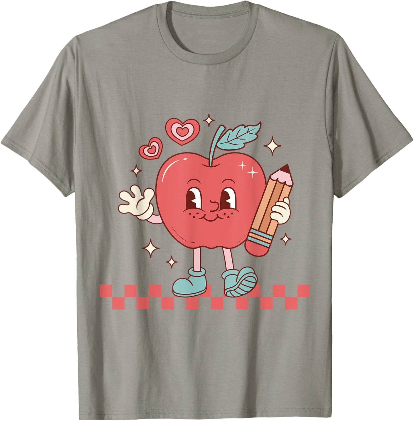 Cute Retro Checkered Apple with Face Teacher Pencil Trendy T-Shirt - T-Shirt | Sand