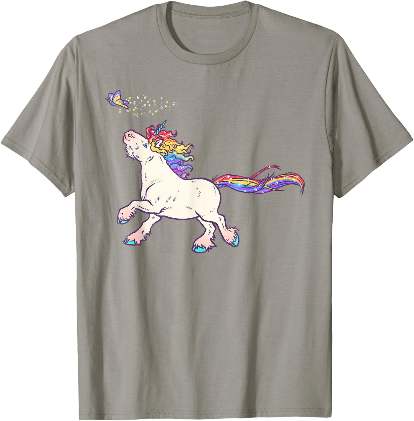 Cute Rainbow Unicorn Chasing Butterfly T-Shirt - T-Shirt | Sand
