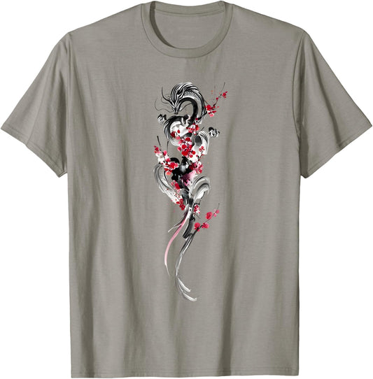 Cherry Blossom Japanese Dragon Asian Retro 80’s Style T-Shirt - T-Shirt | Sand