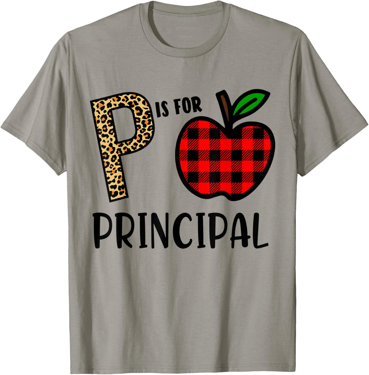 P is for Principal Leopard Buffalo Plaid T-Shirt - T-Shirt | Sand