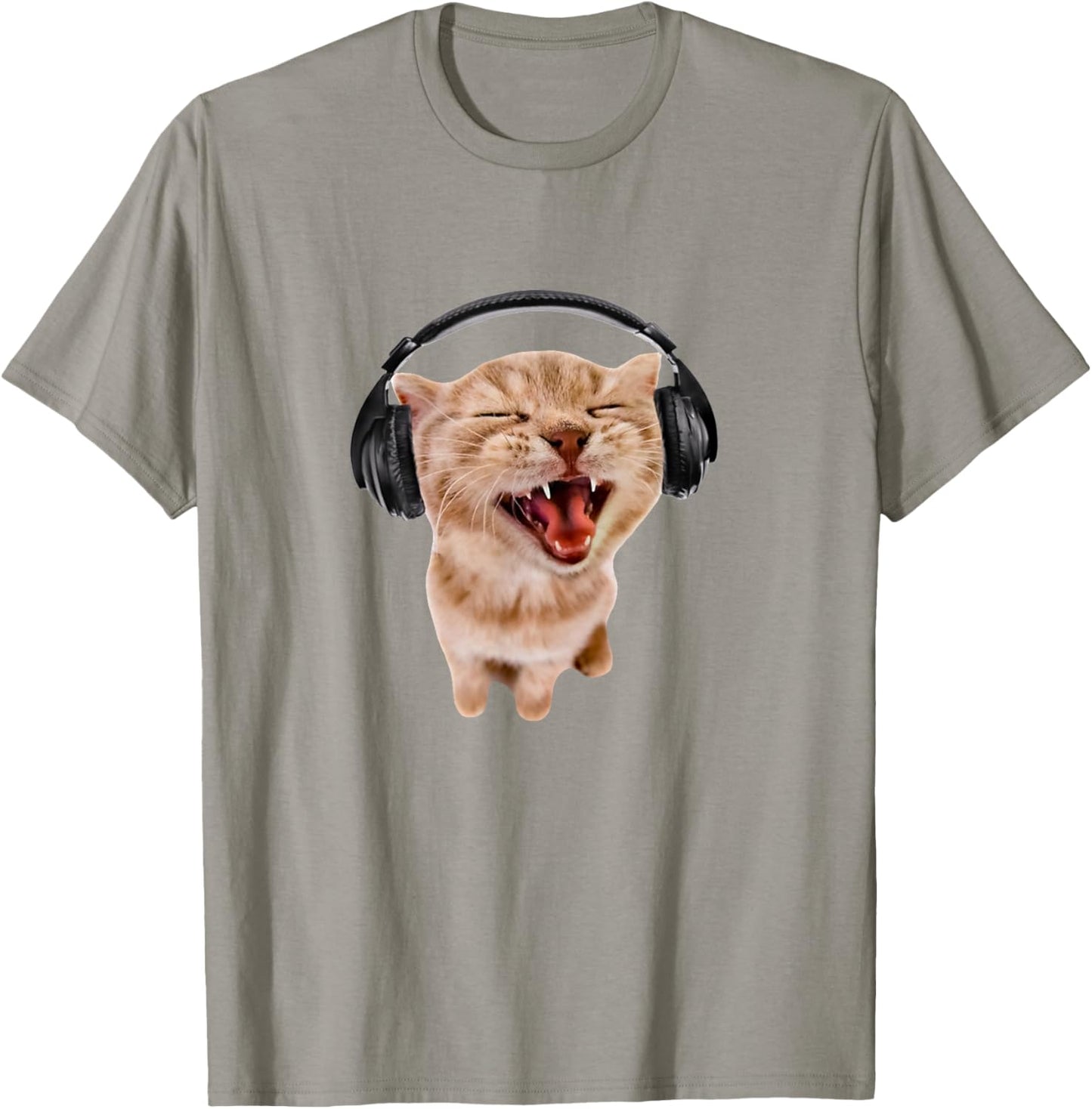 Silly Cat with Headphones T-Shirt - T-Shirt | Sand
