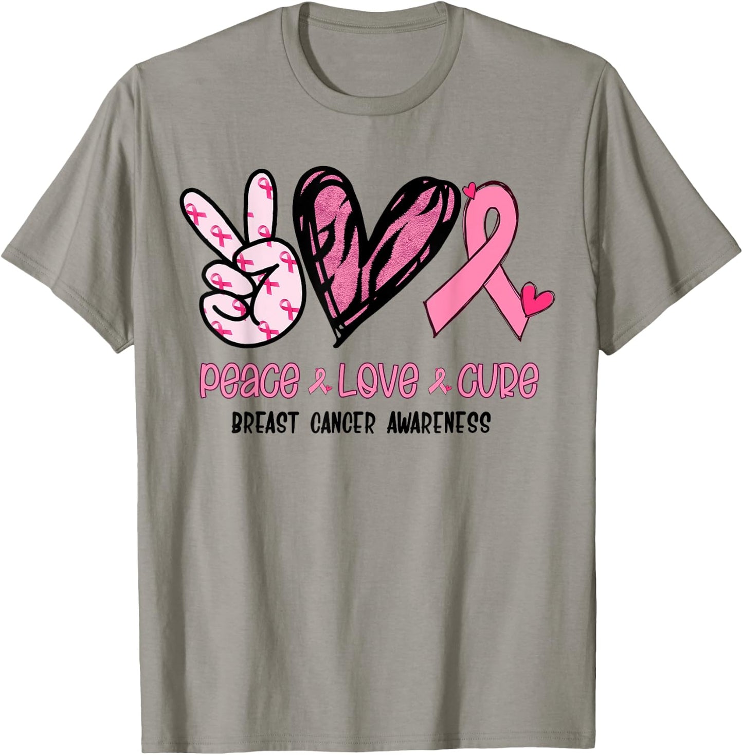 Breast Cancer Peace Love Cure In October We Wear Pink Ribbon T-Shirt - T-Shirt | Sand