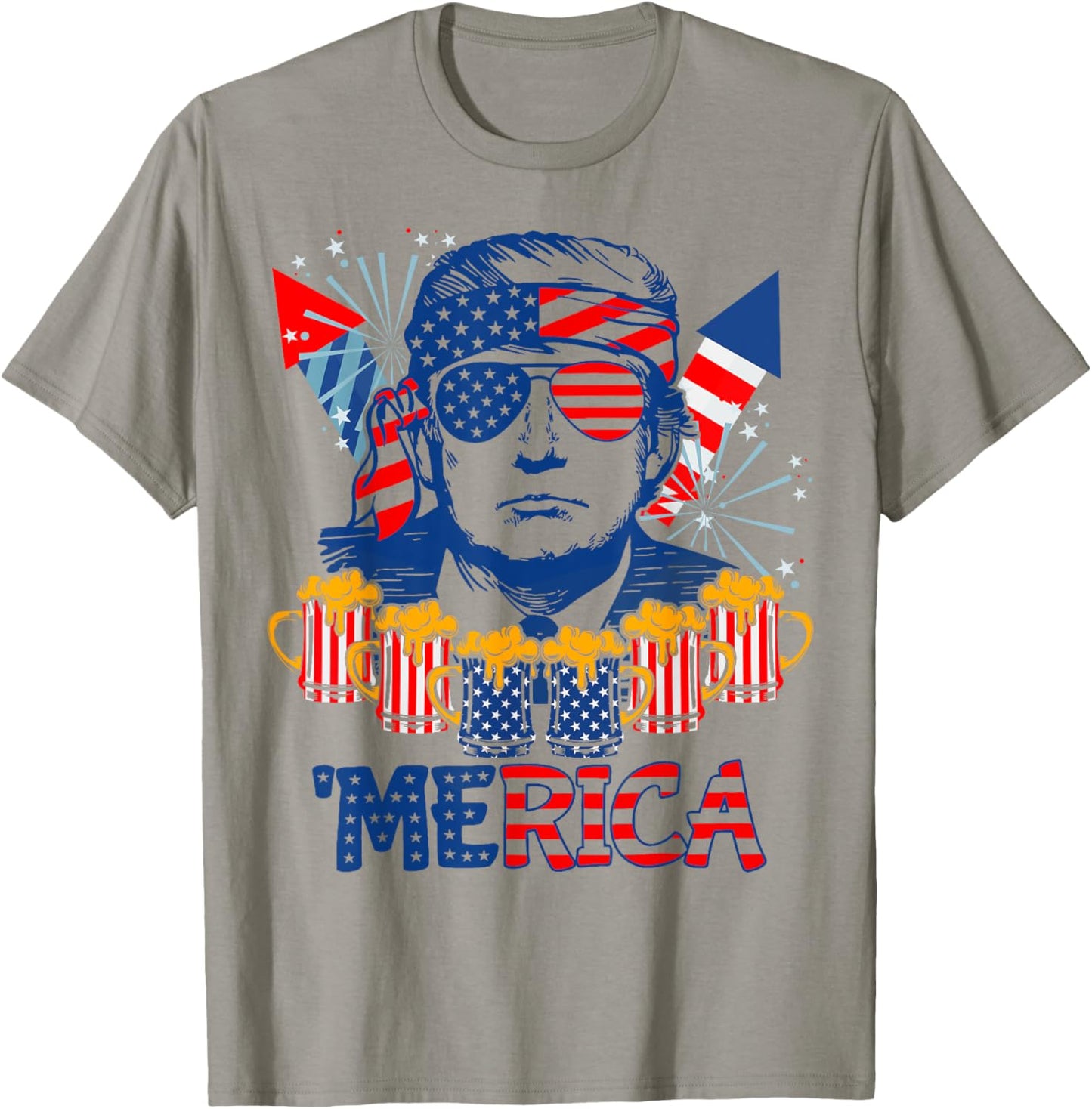 'MERICA TRUMP Drink Beer 4th Of July American Flag Fireworks Men T-Shirt - T-Shirt | Sand