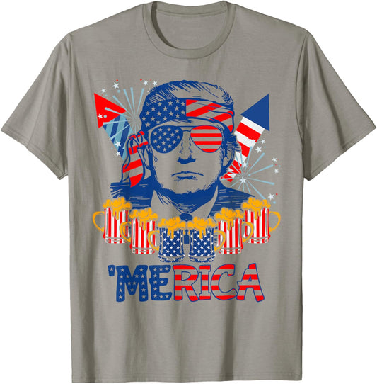 'MERICA TRUMP Drink Beer 4th Of July American Flag Fireworks Men T-Shirt - T-Shirt | Sand