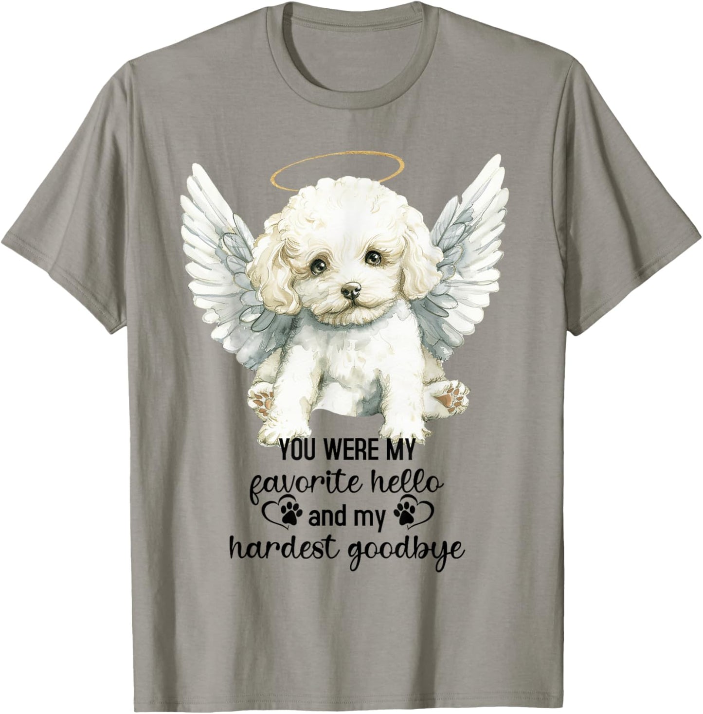 Bichon Frise Dog Memorial Angel Paw Prints Wings Goodbye T-Shirt - T-Shirt | Sand