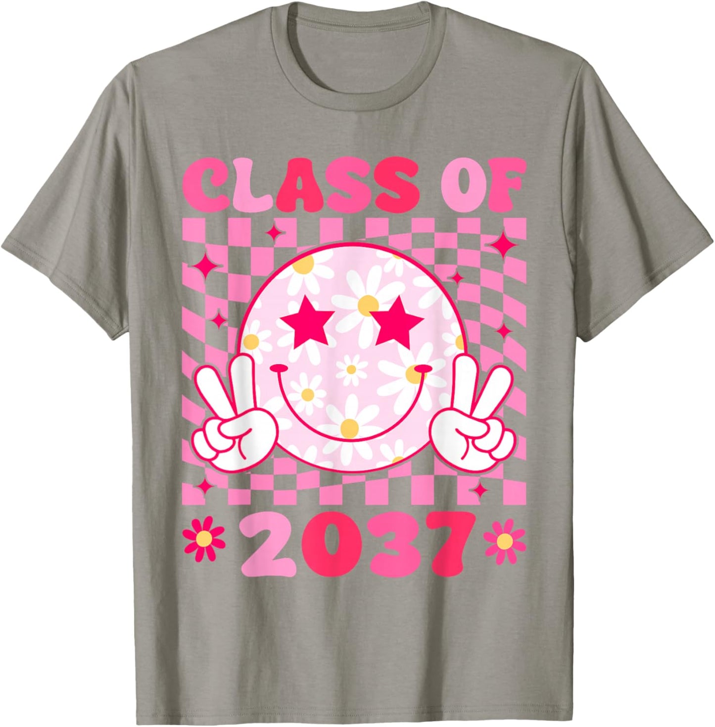 Groovy Class of 2037 Grow With Me Smile Face Back To School T-Shirt - T-Shirt | Sand