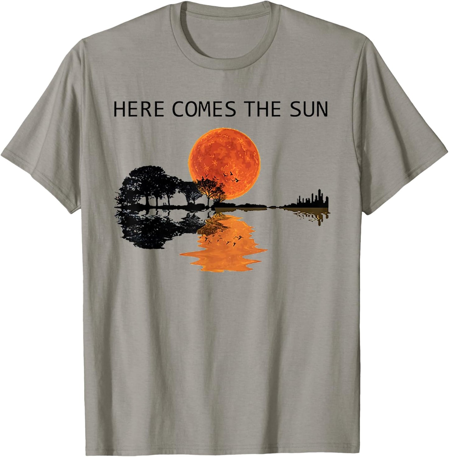 Here Comes The Sun Guitar Shadow Water Retro Sunset T-Shirt - T-Shirt | Sand