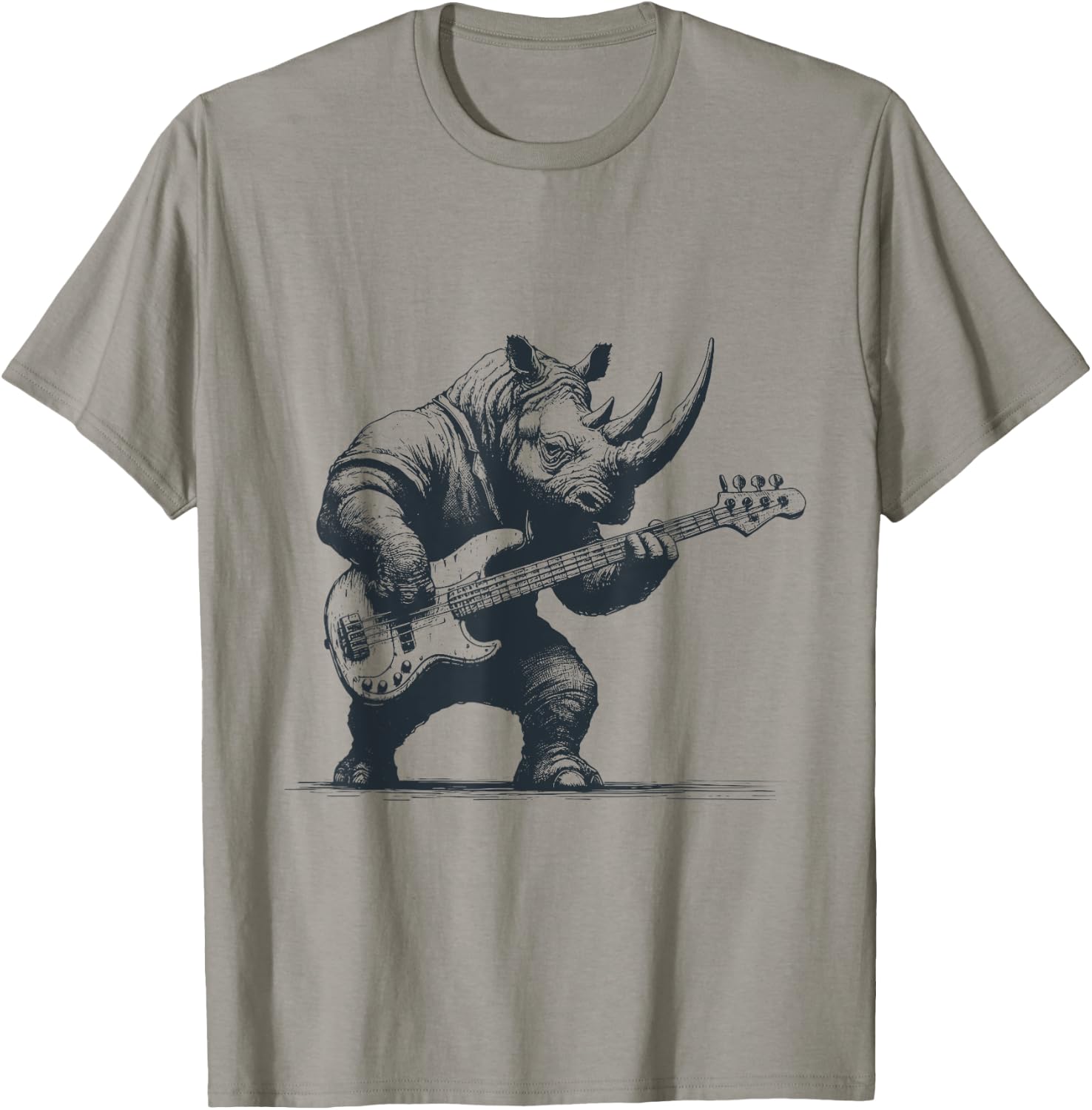 Rhino Funny Playing Bass Guitar Cute Rockin' Rhino T-Shirt - T-Shirt | Sand